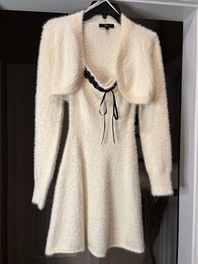 Lulu's Cream Fuzzy Knit Dress with Bolero and Black Ribbon Tie by Lulus Sz Small